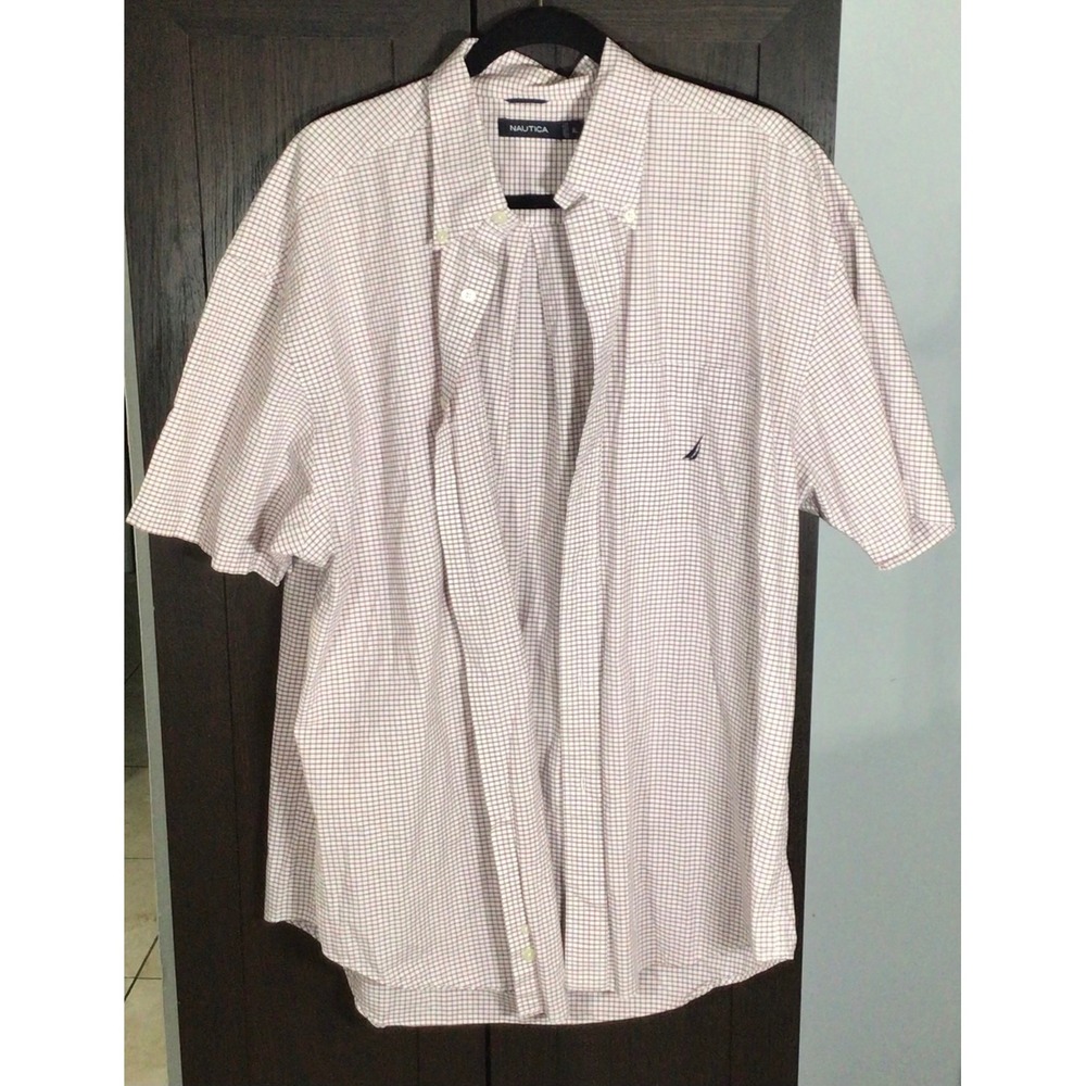 Nautica Mens XL Short Sleeve Button Down Shirt Red White Check Gingham Logo